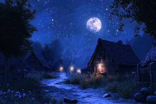 A Moonlight Path Through a Tranquil Forest Village
