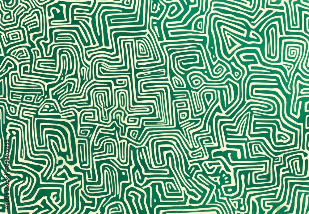 Poster intricate green and white pattern featuring simple line drawings of maze-like shapes filled with var