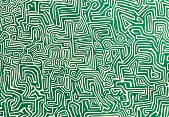 Fototapeta premium Intricate green and white pattern featuring simple line drawings of maze-like shapes filled with various patterns. The design showcases doodle art style against a plain green background.