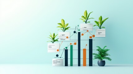 Fototapeta premium Growth Chart with Green Plants and Blue Background