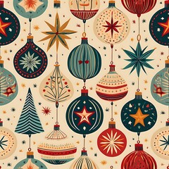 Scandinavian folk art style Christmas tree ornament pattern featuring colorful designs on a light background. Generative AI