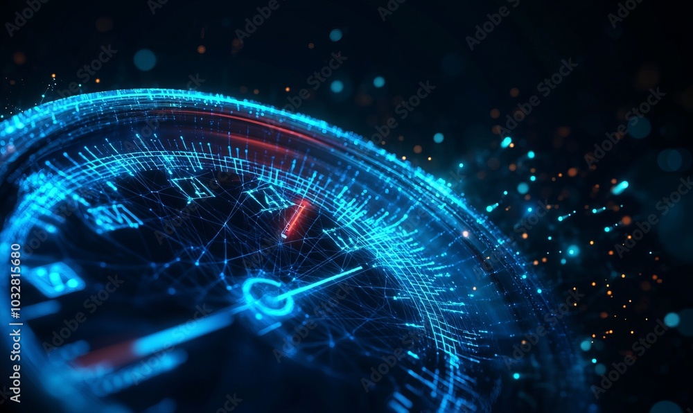 Poster abstract low poly 3d network cable and speedometer in dark blue. super fast internet connection, spe