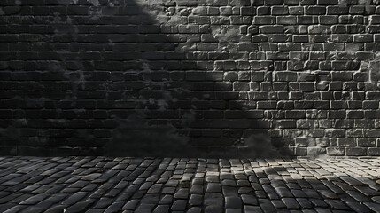 Dark brick wall with cobblestone floor in low light, background, AI Generation