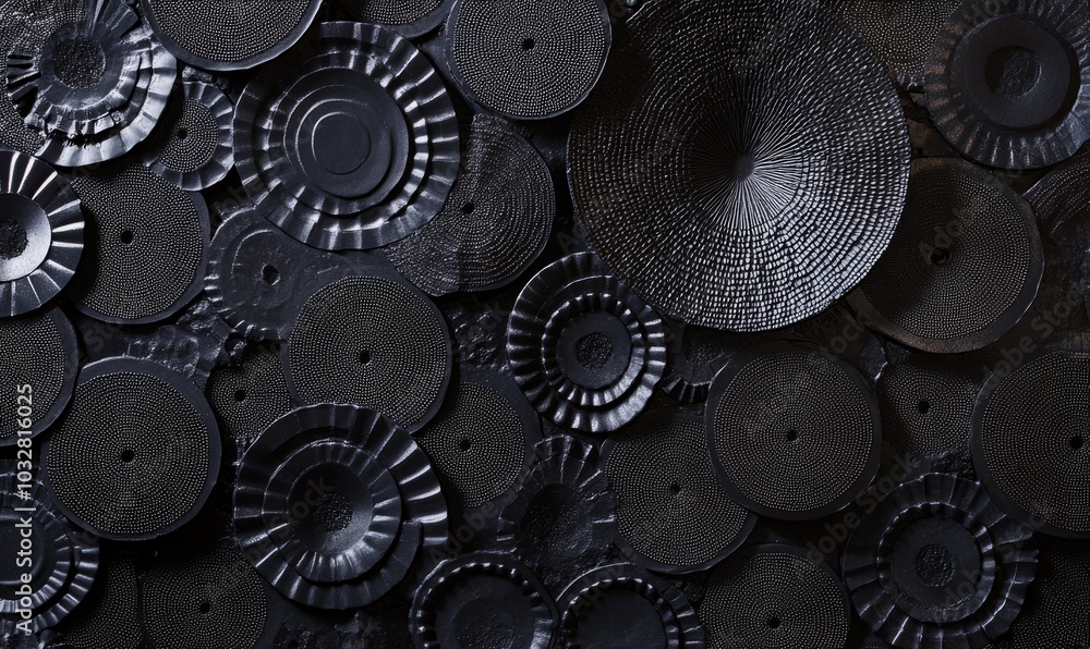 Poster black patterns of dots and dashes forming circular motifs create a visually striking surface, showca