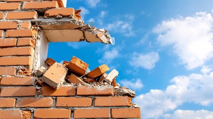 Broken Brick Wall with Blue Sky.