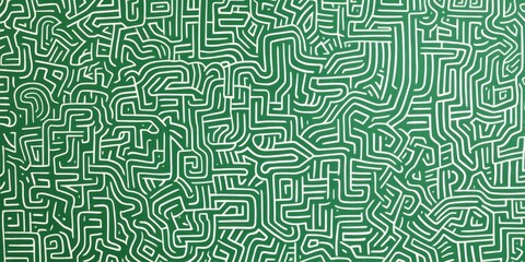 Intricate green and white pattern featuring simple line drawings of maze-like shapes filled with various patterns. The design showcases doodle art style against a plain green background.