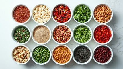 Vibrant Mix-and-Match Bowl Food Arrangement from Top-Down Perspective, Showcasing the Elegant Curves