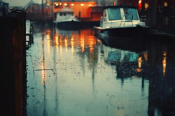 Obraz premium Rainy Evening at the Harbor with Boats and Reflections