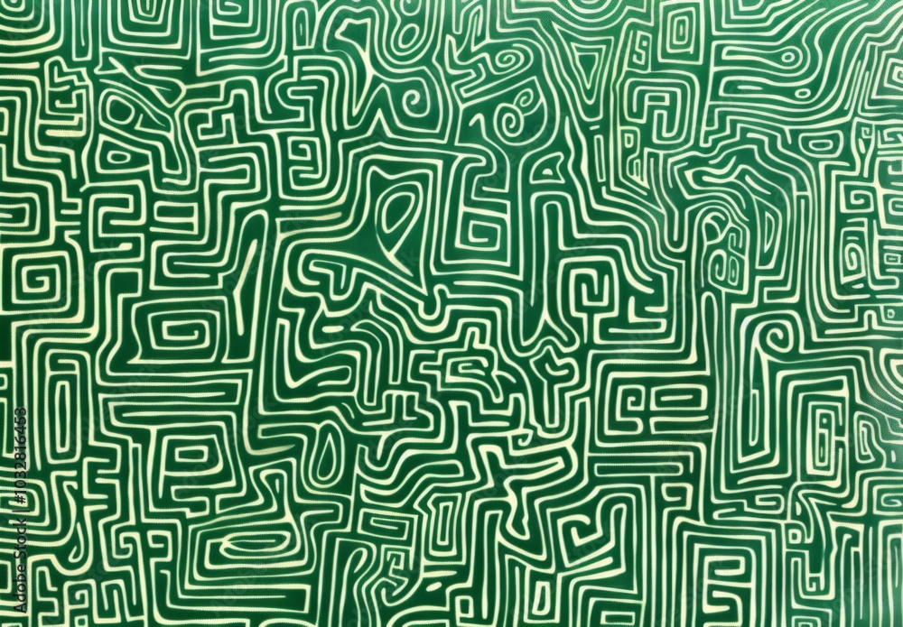 Poster intricate green and white pattern featuring simple line drawings of maze-like shapes filled with var