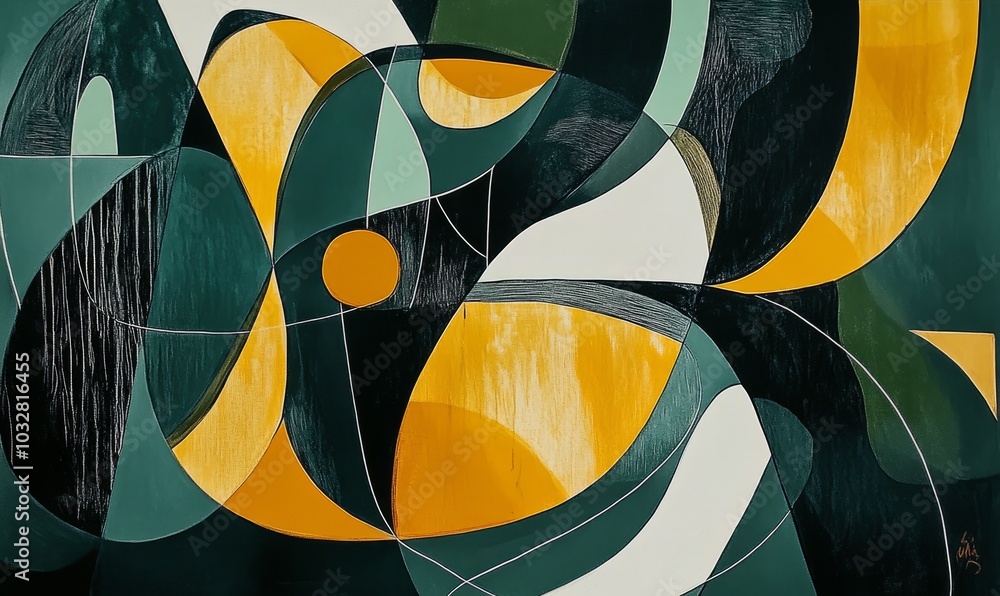 Poster abstract art featuring dark green and yellow shapes creating a dynamic composition in a contemporary