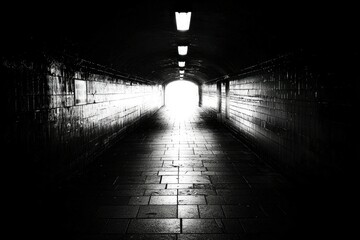 Black and White Image of a Tunnel with a Bright Light at the End
