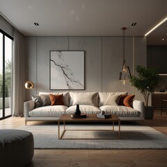 A modern living room with a white sofa, a coffee table, and a large window.