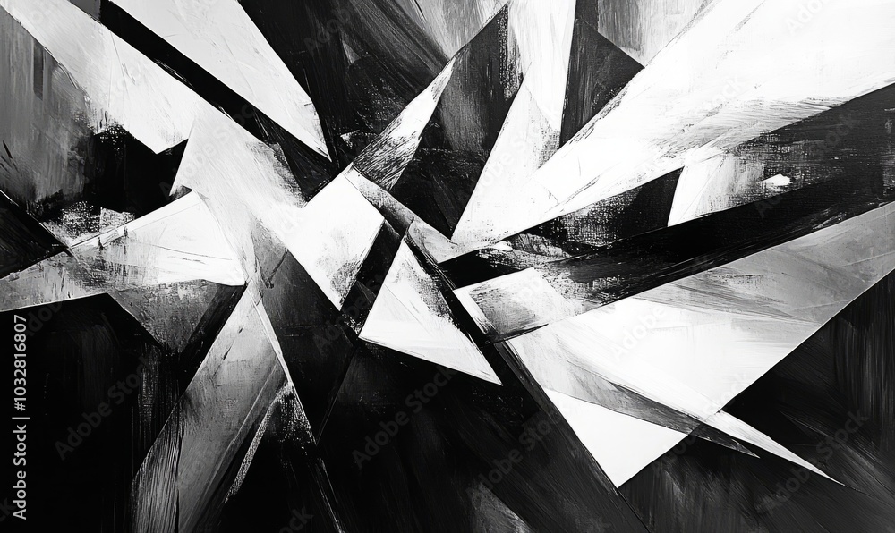 Poster abstract composition featuring sharp angular shapes in black and white, creating a dynamic contrast 