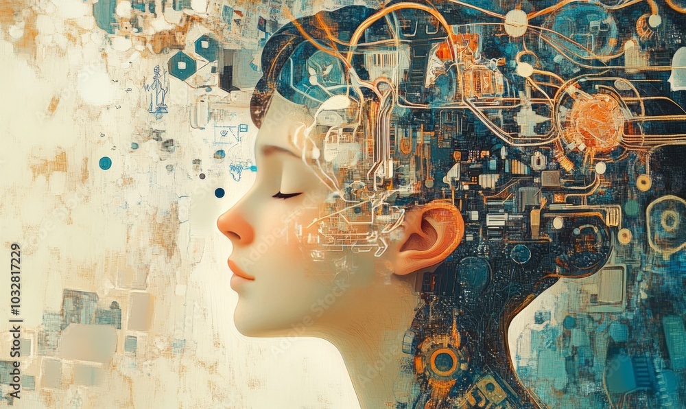 Poster an illustration of a person's brain with ai related concepts integrated into the neural network