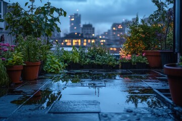 Fototapeta premium Rain-Soaked Patio with Cityscape Reflection