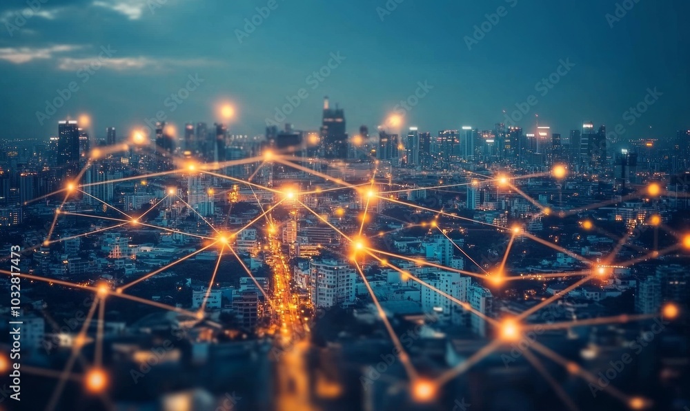Poster the modern creative communication and internet network connect in smart city . concept of 5g wireles
