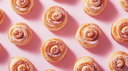 Morning Glow - Illuminated Cinnamon Rolls on Minimalist Pink Background with Isometric Aesthetic and Shadow Play Pattern