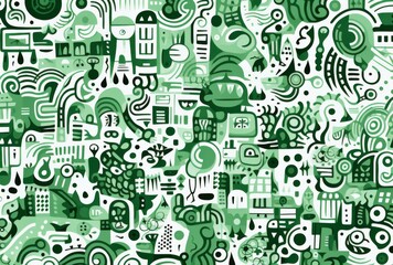Intricate green and white pattern featuring simple line drawings of maze-like shapes filled with various patterns. The design showcases doodle art style against a plain green background.