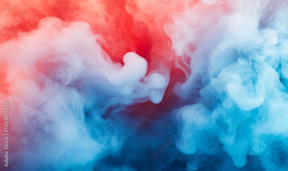 Poster this image shows an intense and dynamic interaction of red and blue abstract smoke with hints of fir