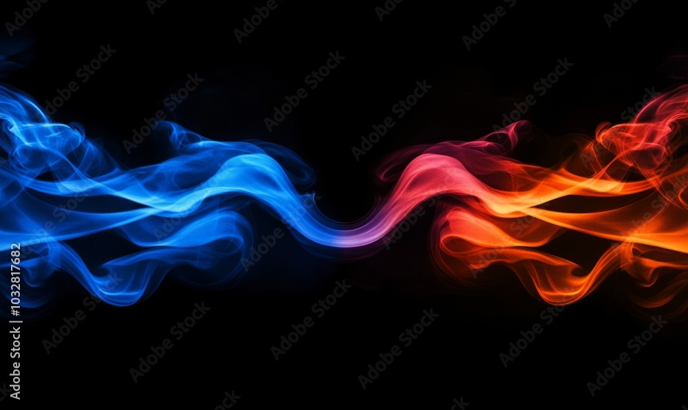 Poster this image shows an intense and dynamic interaction of red and blue abstract smoke with hints of fir