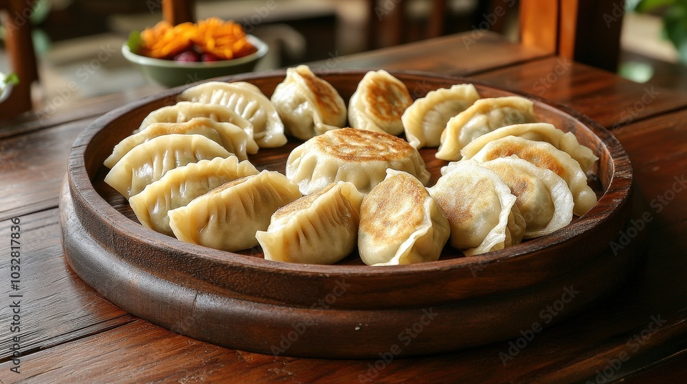 Poster delicate dumplings arrayed in artful circularity from top-down view