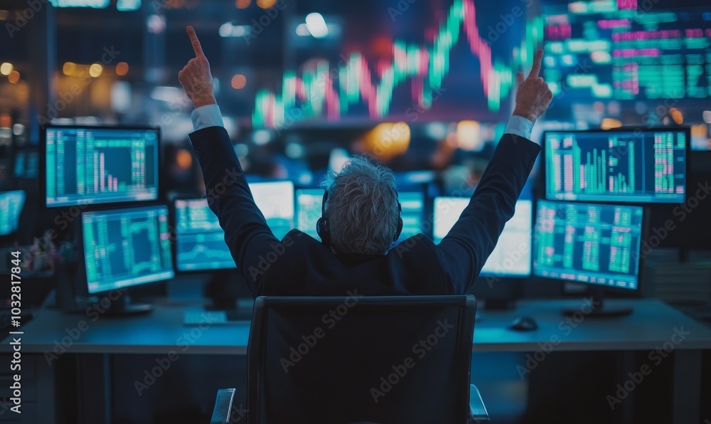 Poster trader celebrates a record high in trading desk a, with multiple monitors displaying market data in 