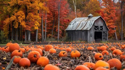 Rustic Barn in Vibrant Pumpkin Patch Surrounded by Autumn Foliage