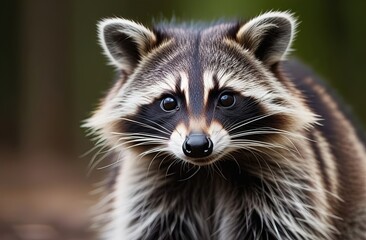 Obraz premium A raccoon sits in the forest and looks into the frame.