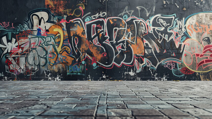 Fototapeta premium Urban graffiti wall with colorful street art, AI Generation
