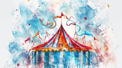 Watercolor Circus Tent with Dragon - Vibrant Artistic Festival Illustration