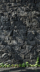 Fototapeta premium Dark stone wall with green vines growing in sunlight, background, AI Generation