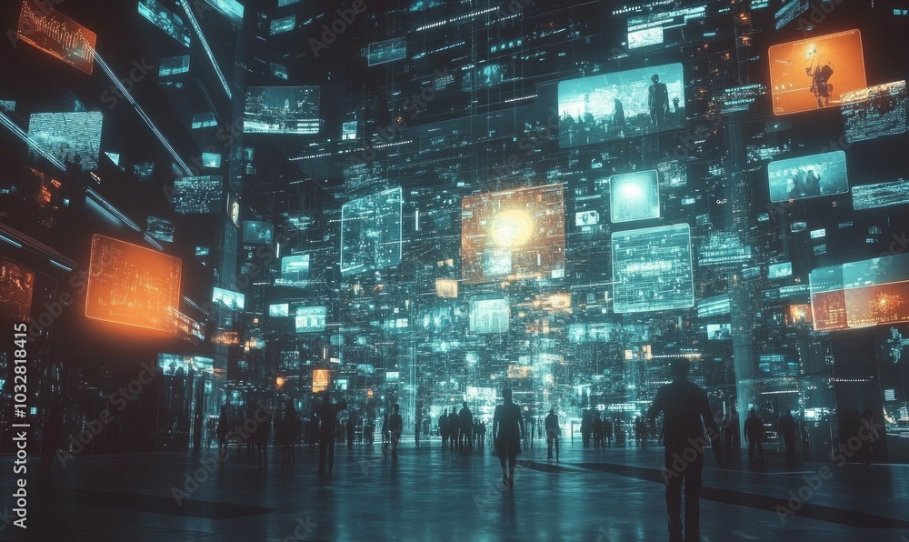 Poster vfx animated background with virtual social media reality interconnected by internet into worldwide 