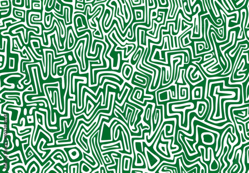 Poster intricate green and white pattern featuring simple line drawings of maze-like shapes filled with var