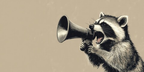 Raccoon Making a Statement: Cute Wild Animal Shouting into Megaphone on Taupe Background