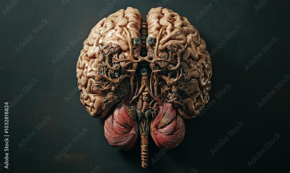 Poster anatomically correct human brain structure displayed against a dark background showcasing intricate 