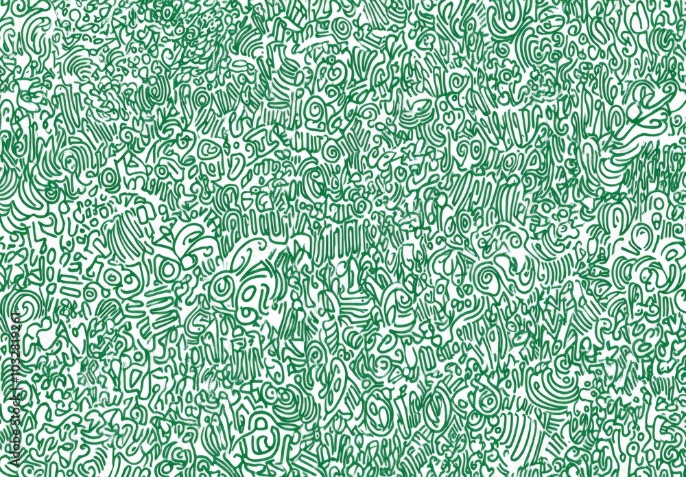 Poster intricate green and white pattern featuring simple line drawings of maze-like shapes filled with var