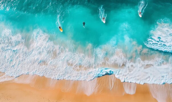 Breathtaking aerial view of a coastal beach, with turquoise waves gently lapping against the shore and surfers riding the swells. - Powered by Adobe