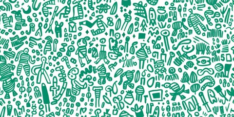 Intricate green and white pattern featuring simple line drawings of maze-like shapes filled with various patterns. The design showcases doodle art style against a plain green background.
