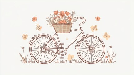 Fototapeta premium Simple line drawing of a bicycle with a basket full of flowers in the front.