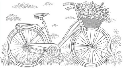 Obraz premium Simple line drawing of a bicycle with a basket full of flowers in the front.