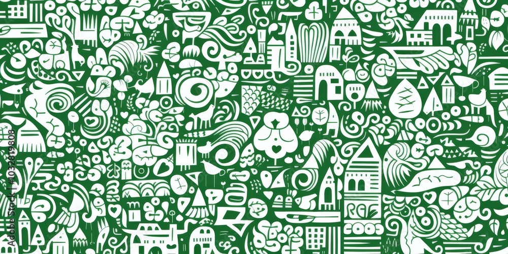 Aufkleber intricate green and white pattern featuring simple line drawings of maze-like shapes filled with var