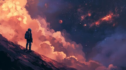 Obraz premium Space explorer standing on a distant planet looking up at a nebula-filled sky. 