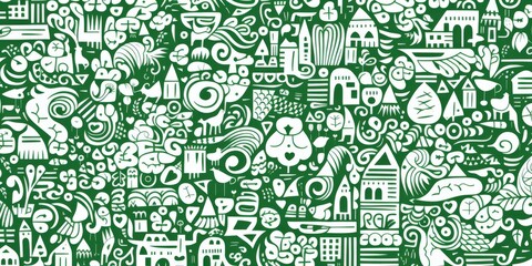 Intricate green and white pattern featuring simple line drawings of maze-like shapes filled with various patterns. The design showcases doodle art style against a plain green background.
