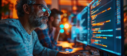 Energetic coders collaborating on software development in a colorful, modern workspace