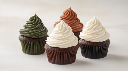 A delightful set of four cupcakes featuring white frosting topped with Christmas tree sprinkles in vibrant colors, perfect for festive celebrations and holiday gatherings