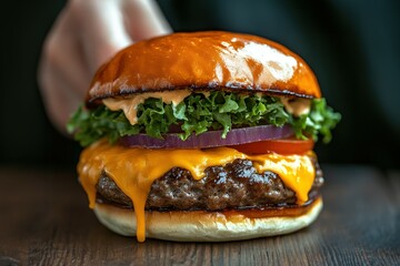 Mouthwatering cheeseburger, juicy patty, melted cheese, fresh lettuce, red onion, and a perfectly toasted bun. Pure deliciousness!