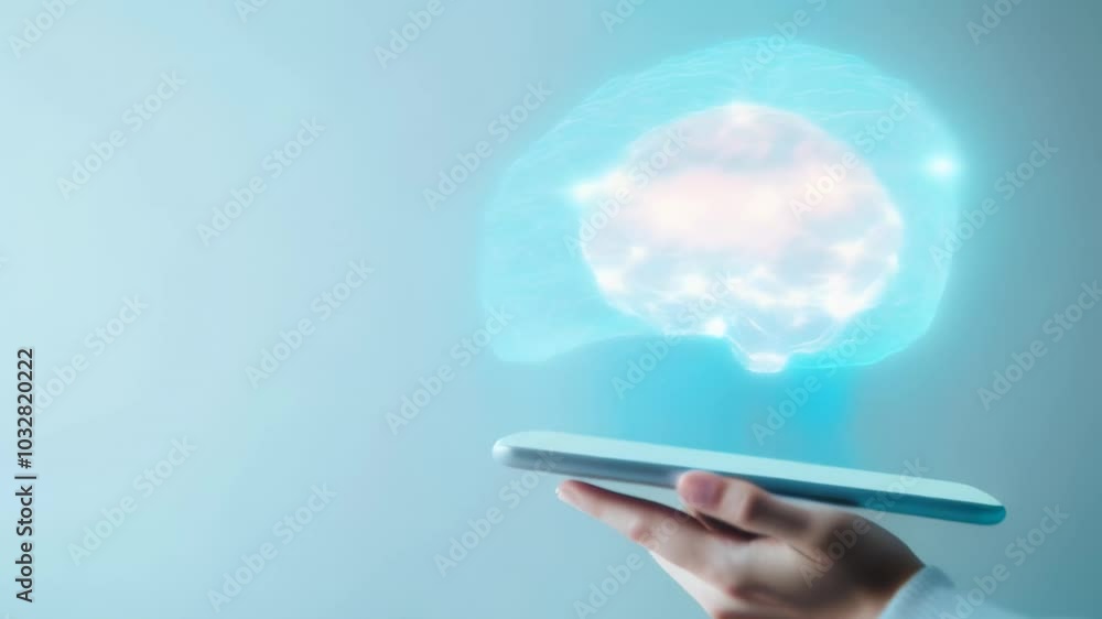 Poster Software developer is holding a tablet with a glowing brain floating above, symbolizing the connection between human intelligence and ai. The image evokes innovation in the tech industry