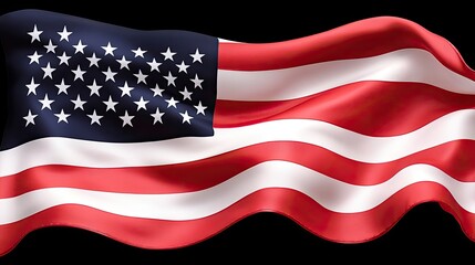 The American flag displays its rich colors and intricate textures in a close-up view, illuminated by volumetric light against a dark background, capturing its flowing elegance