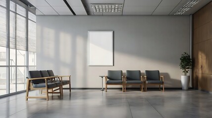 A mockup of an empty white poster on the wall in modern hospital waiting room with comfortable chairs and medical equipment	
