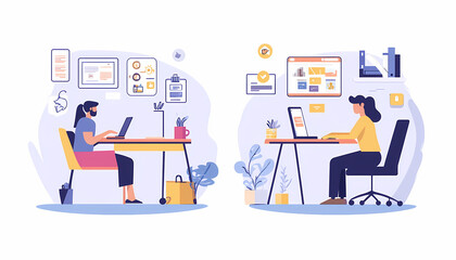 Obraz premium Flat illustrations of two people working together at their desks, with one person sitting on the left side and another woman seated to his right., Flat illustration style with simple shapes and lines